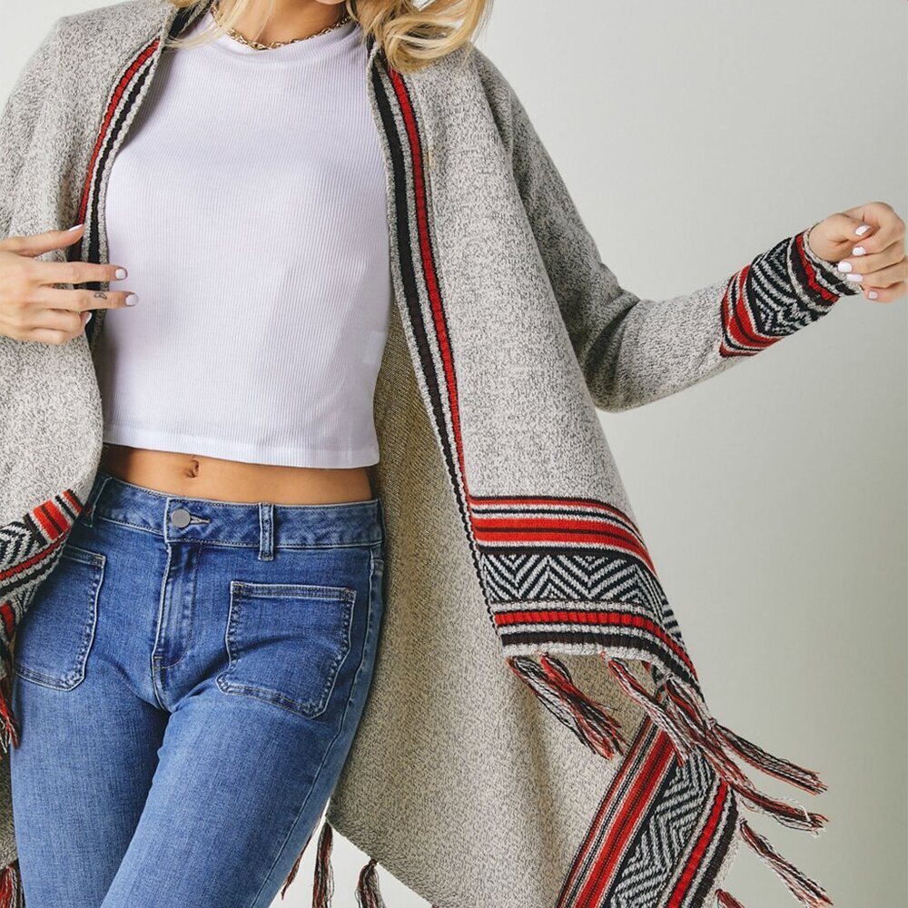 DAVI & DANI FRINGE PRINTED LONG SLEEVE LOOSE FIT CARDIGAN SIZE LARGE